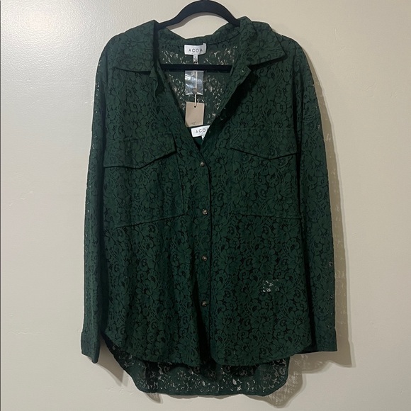 ACOA Women's Forest Green Lace Button Down Shirt - Picture 1 of 6